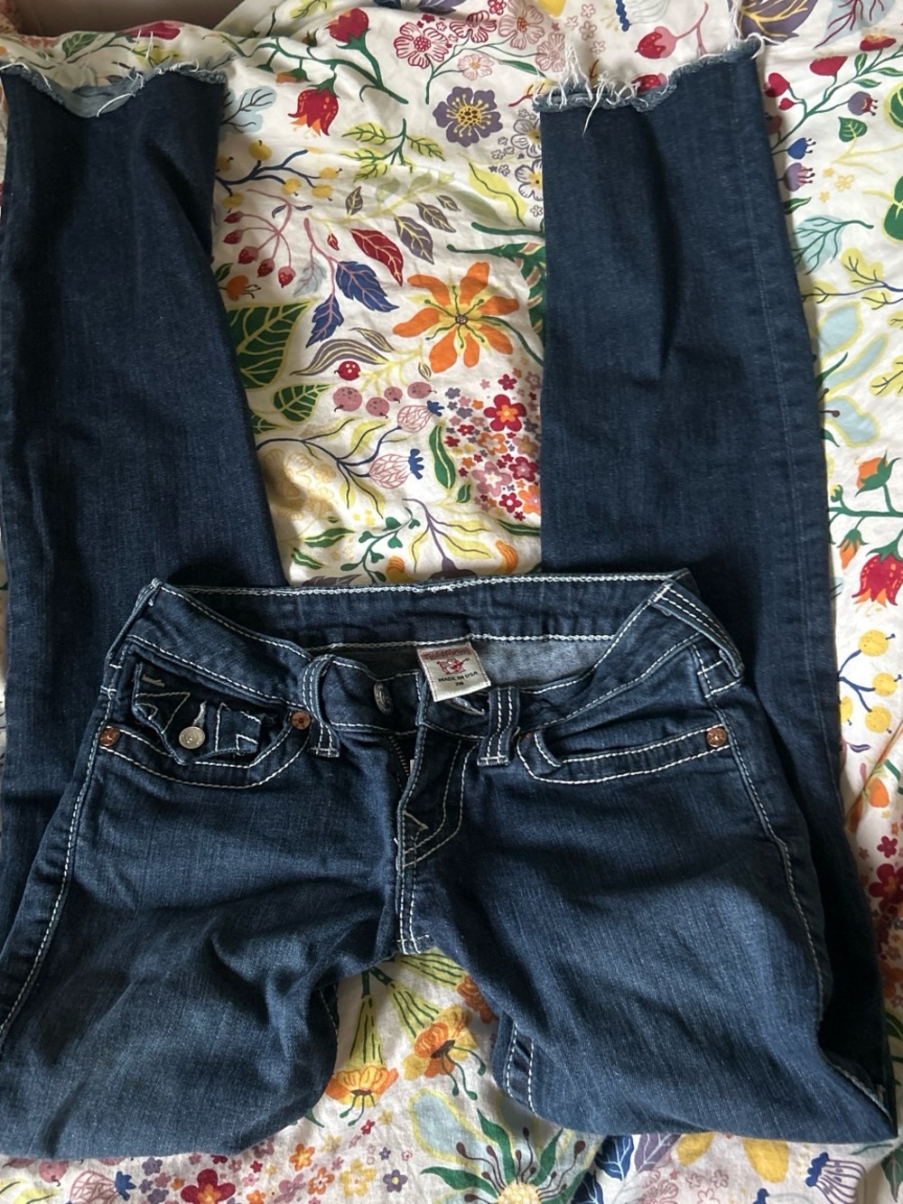 True Religion Dark Blue Straight Leg Jeans with Contrast Stitching